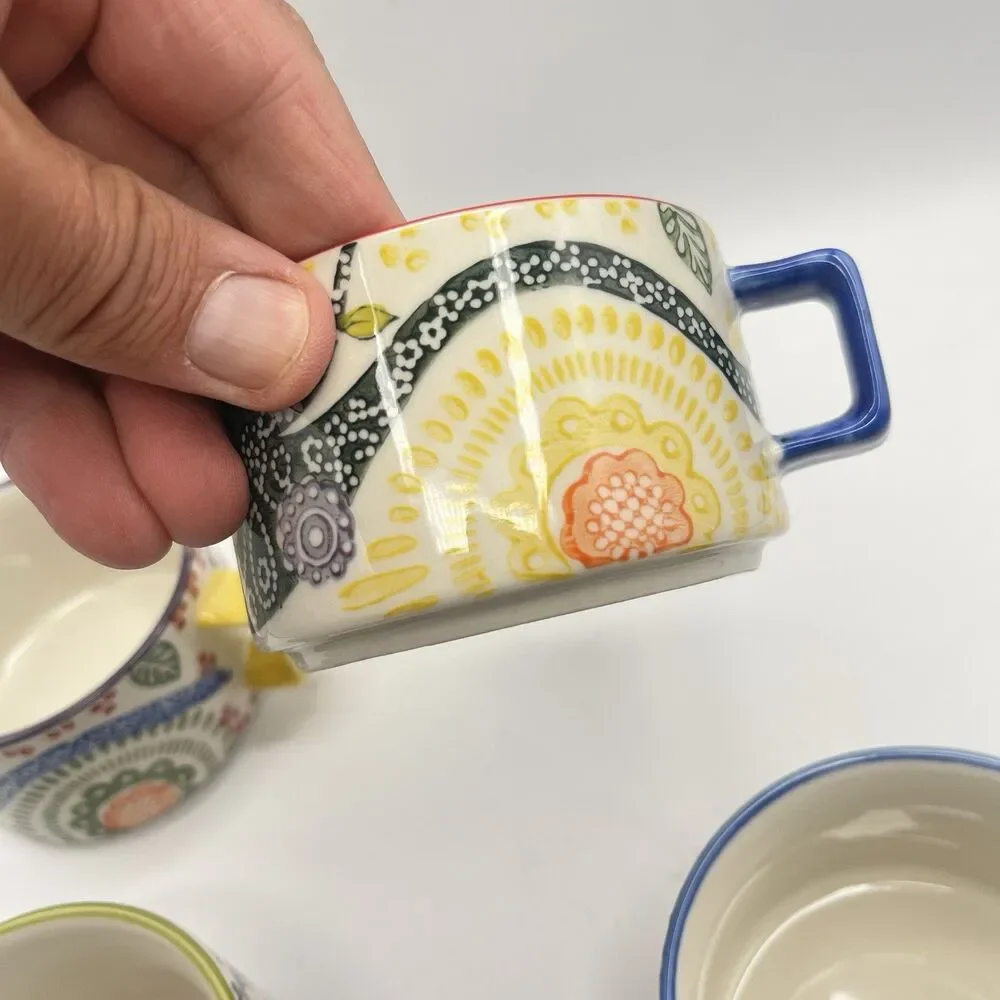 Set Of 4 PIER 1 Paisley Stackable Coffee Tea Mugs Stoneware Hand Painted Boho